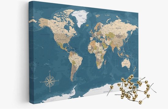 Hoogwaardige canvas wereldkaart met kurk prikbord 90x60cm