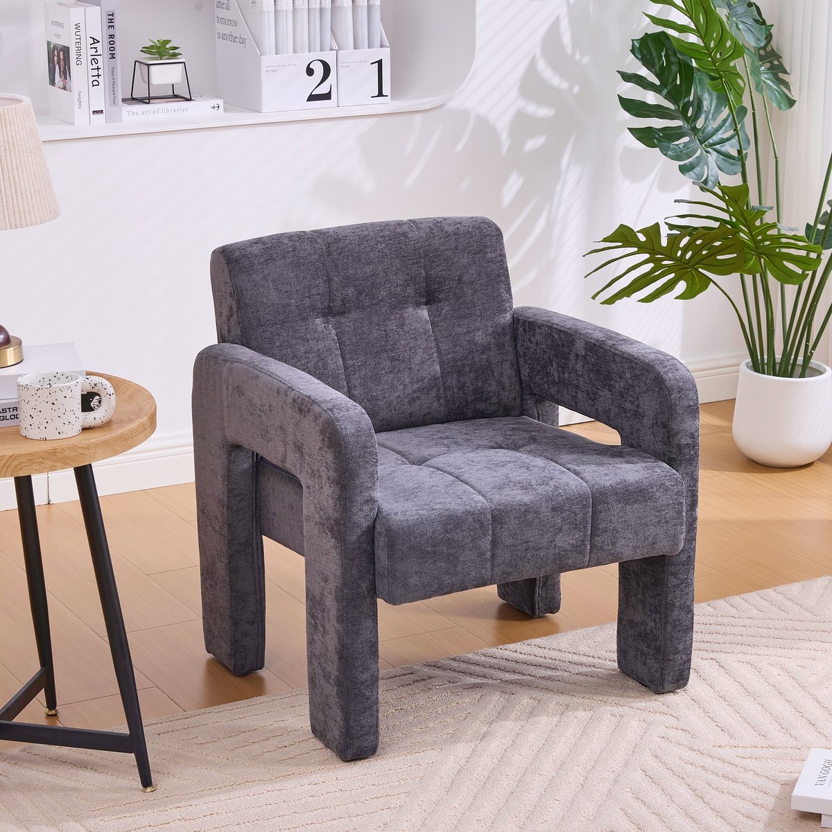 PHOEBE CAT Fauteuil - Chenille stof - Minimalistische stijl - Gestoffeerde stoel - Grijs