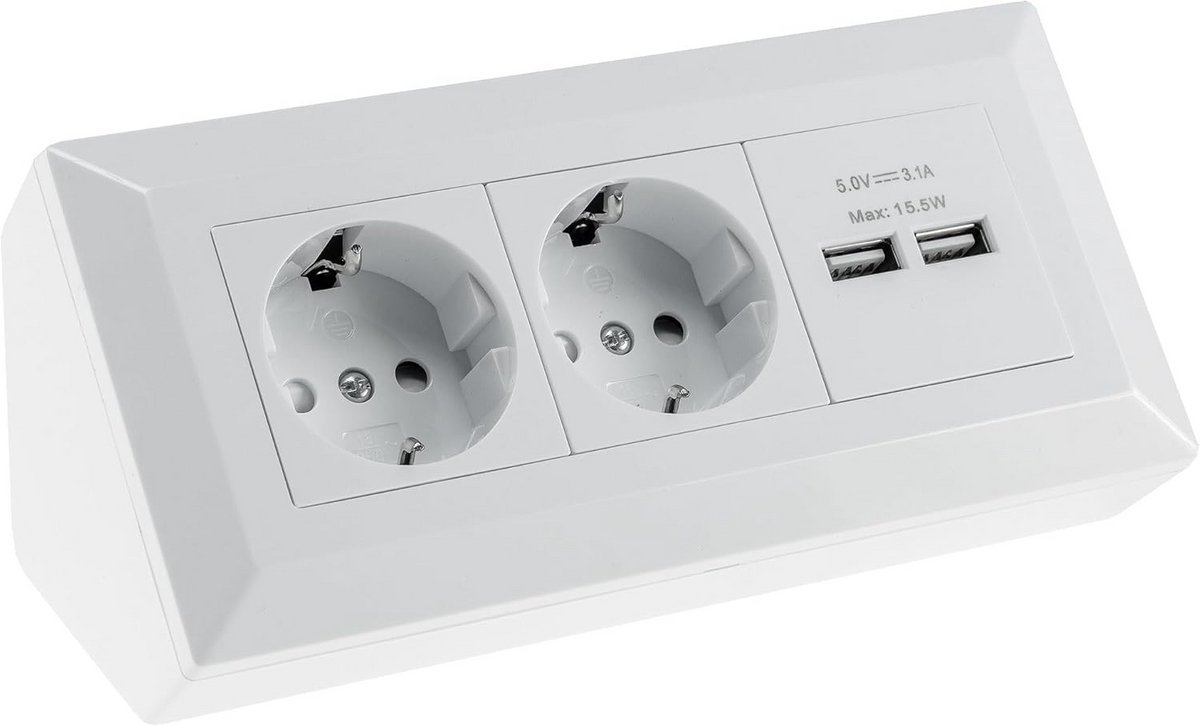 Wit Stekkerblok met 2x USB-aansluitingen en 2 Stopcontacten
