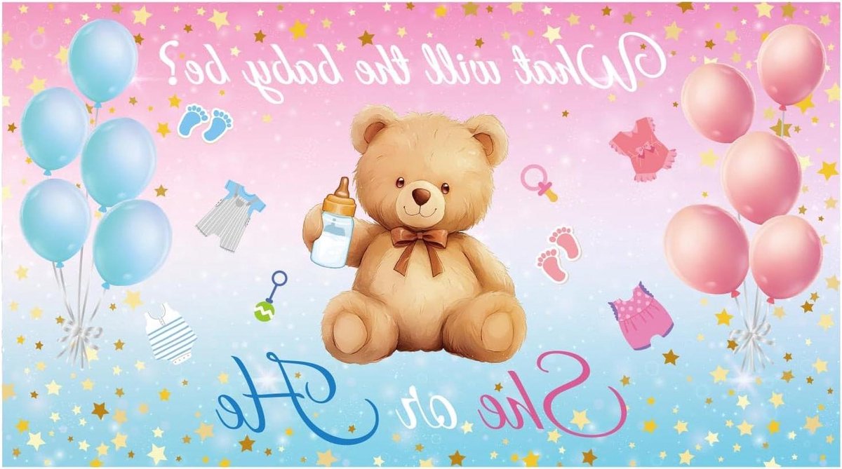 Allecta - Gender Reveal Achtergrond 180x100 cm Blauw Roze Ballon Beer Thema Feestdecoratie voor Babyshower met Geslacht Onthullen.