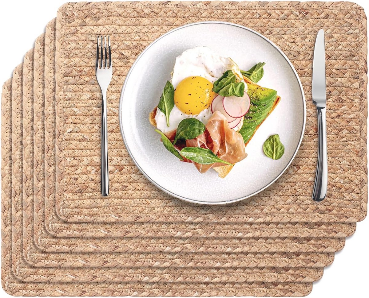 Geweven Placemat Set van 6 - Natuurlijke Waterhyacint Tafelmatten voor Eettafel
