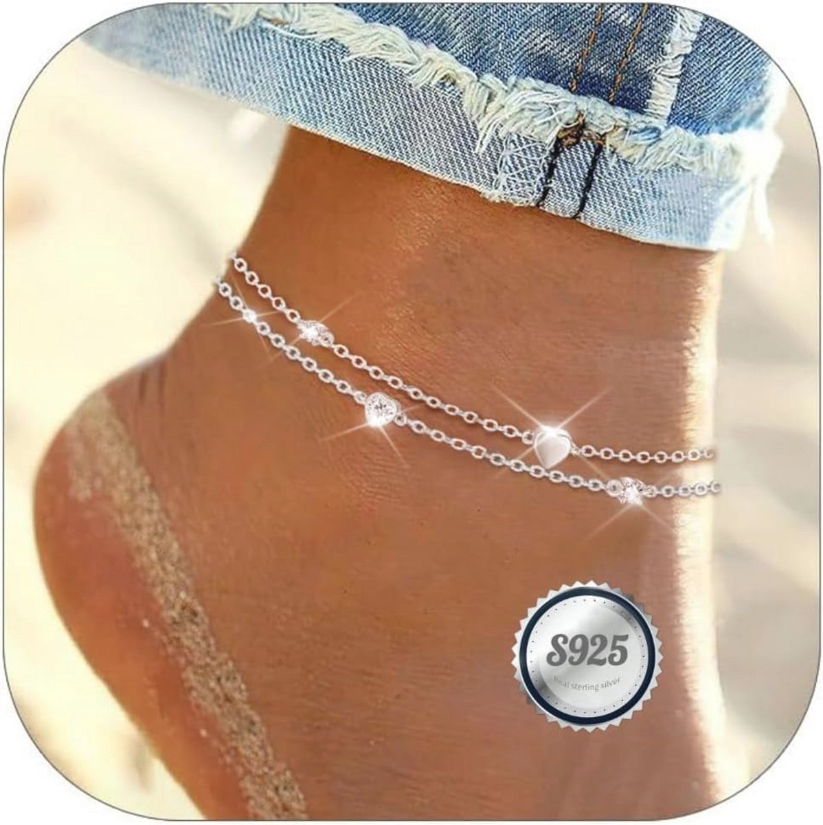 Enkelbandje Dames 925 Sterling Zilver - Verstelbaar Dubbel - Perfect Cadeau