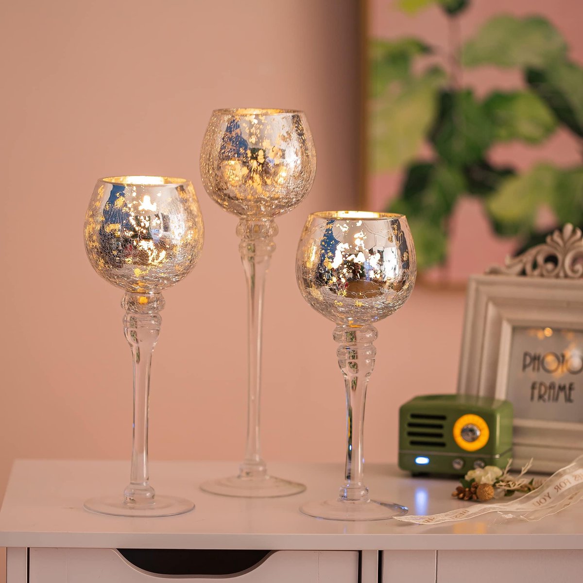 Unyqoos Set van 3 zilveren glazen kandelaars voor sfeervolle tafeldecoratie, zilver, 31*8cm, 3 stuks