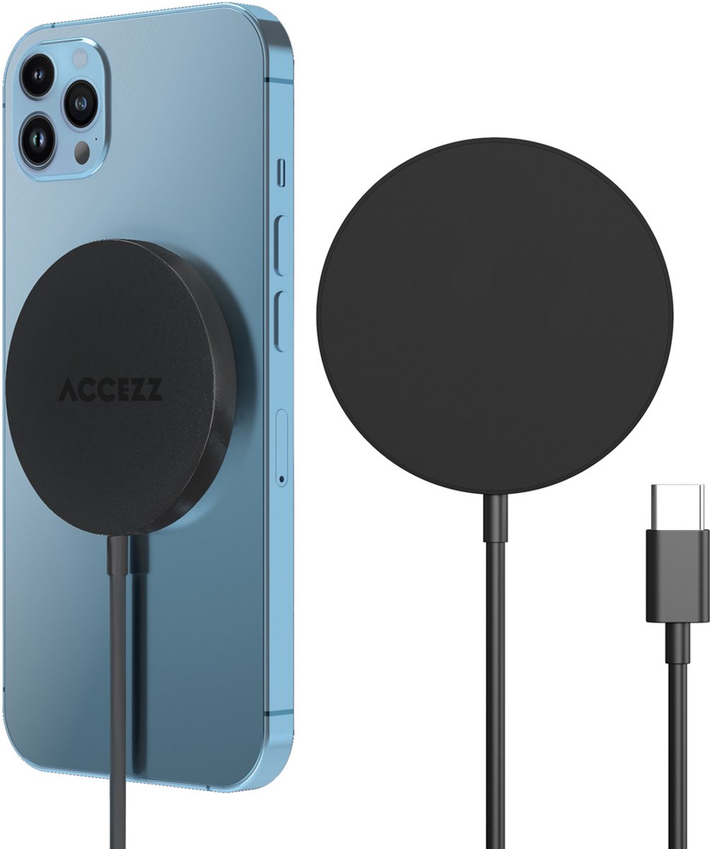 Accezz Draadloze Oplader - Geschikt voor MagSafe / Qi2 - Snellader 15W - USB C Oplader Kabel - Wireless Fast Charger -Zwart