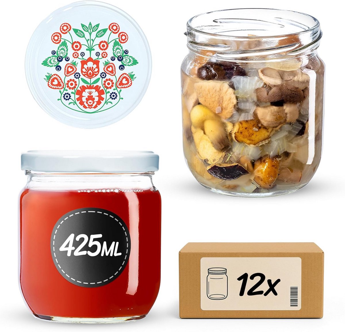 Set van 12 weckpotten met schroefdeksel 425 ml voor conserveren en bewaren