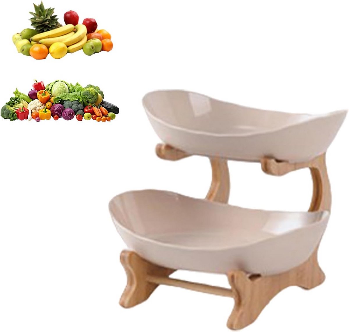 Houten Fruitmand met 2 etages voor Keuken en Opslag
