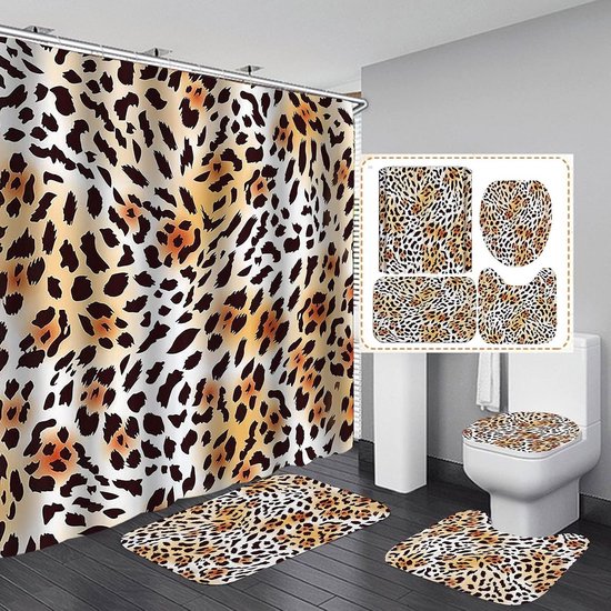 4-Delige Douchegordijnset met Antislip Badmat en Luipaardprint