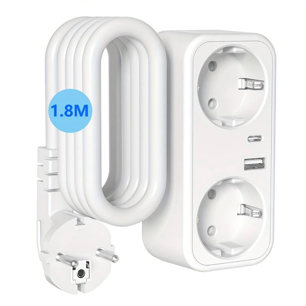 4-in-1 EU Stekkerdoos met 2 Stopcontacten, USB-A & USB-C – 1,8 m Verlengsnoer – Compact Oplaadstation voor Thuis, Kantoor & Reizen