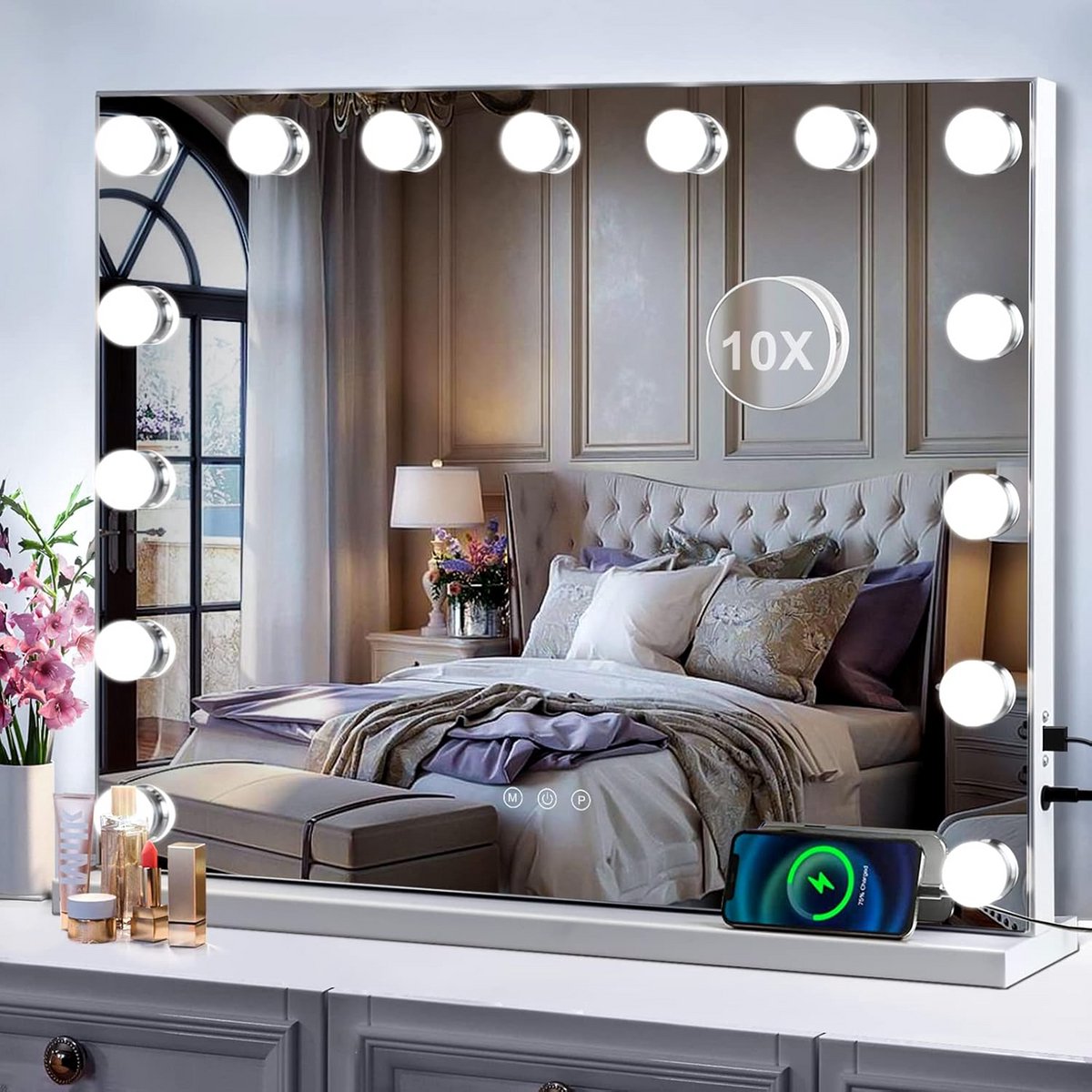Hollywood Spiegel met Verlichting en 15 Dimbare LED Lampen voor Make-up