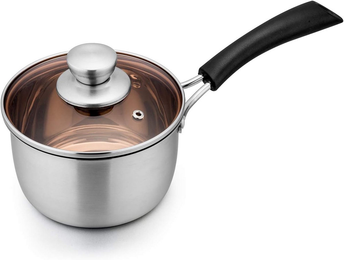 Kleine RVS Steelpan 14 cm met Glas Deksel - 0.9 Liter - Hittebestendige Steel