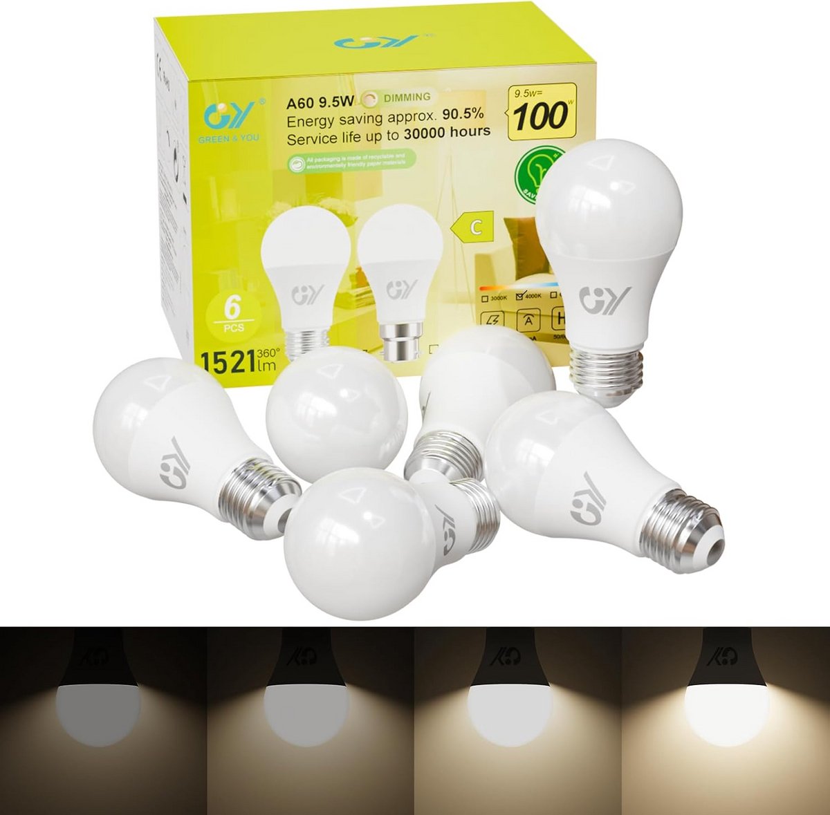 Dimbare E27 LED-lamp A60 9,5W neutraal wit 4000K 1521 lumen - set van 6