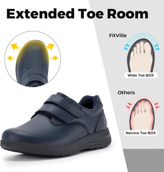 Donkerblauwe damesschoen met klittenband, vergeleken met een bredere 'FitVille Wide Toe BOX' en een smallere 'Others Narrow Toe BOX'.
