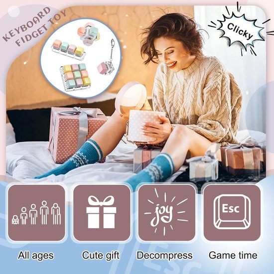 Vrolijke vrouw met cadeaus, met inzet de keyboard fidget toy set met macaronkleurige keycaps.