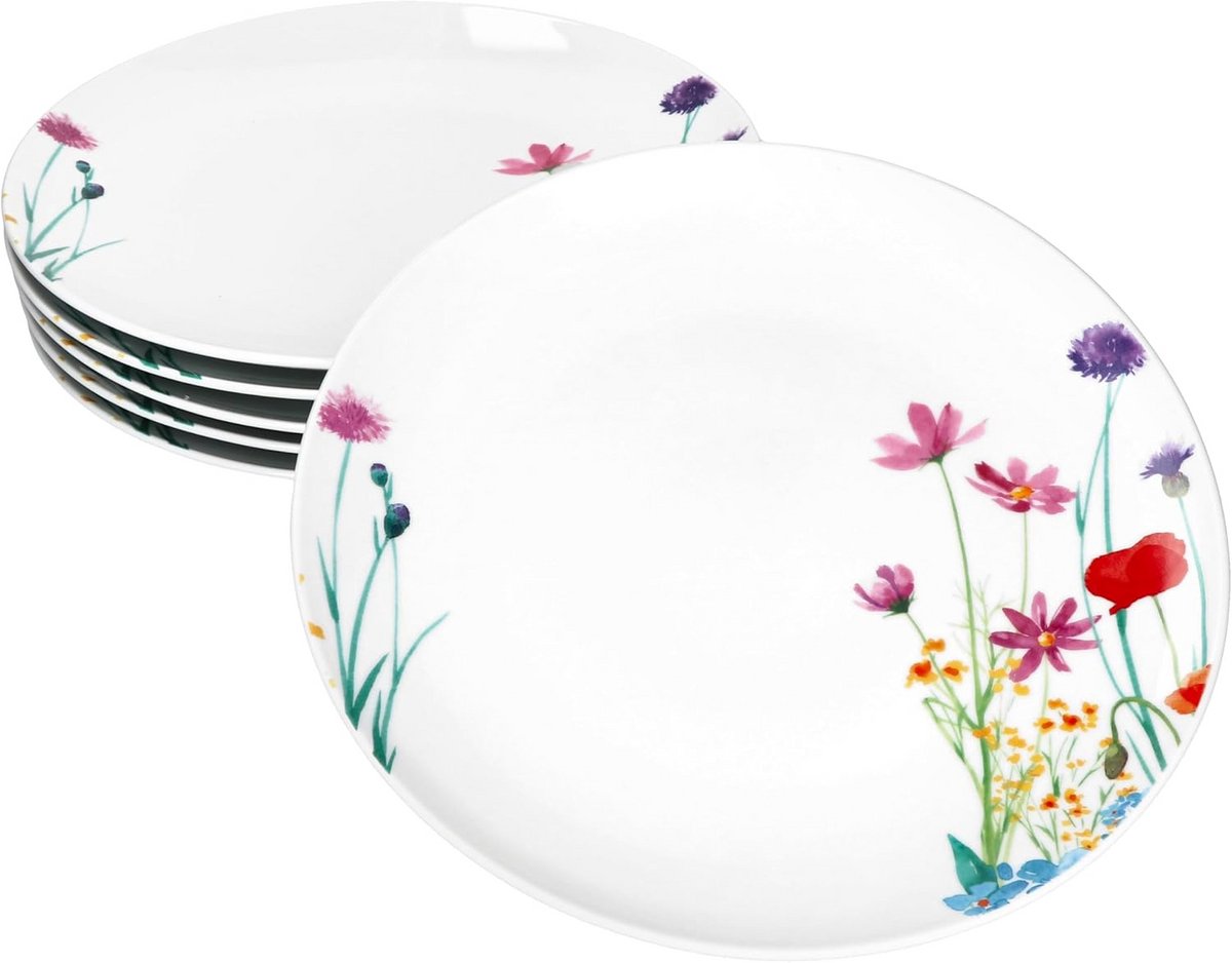 Set van 6 Grote Porseleinen Borden - Diameter 26,7 cm - Met Kleurrijk Bloemenweide Decor