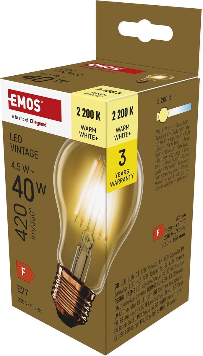 Vintage LED Lamp E27 - 4,5W Amber Glas - Vervanger 40W Gloeilamp - Warm Wit 2200K