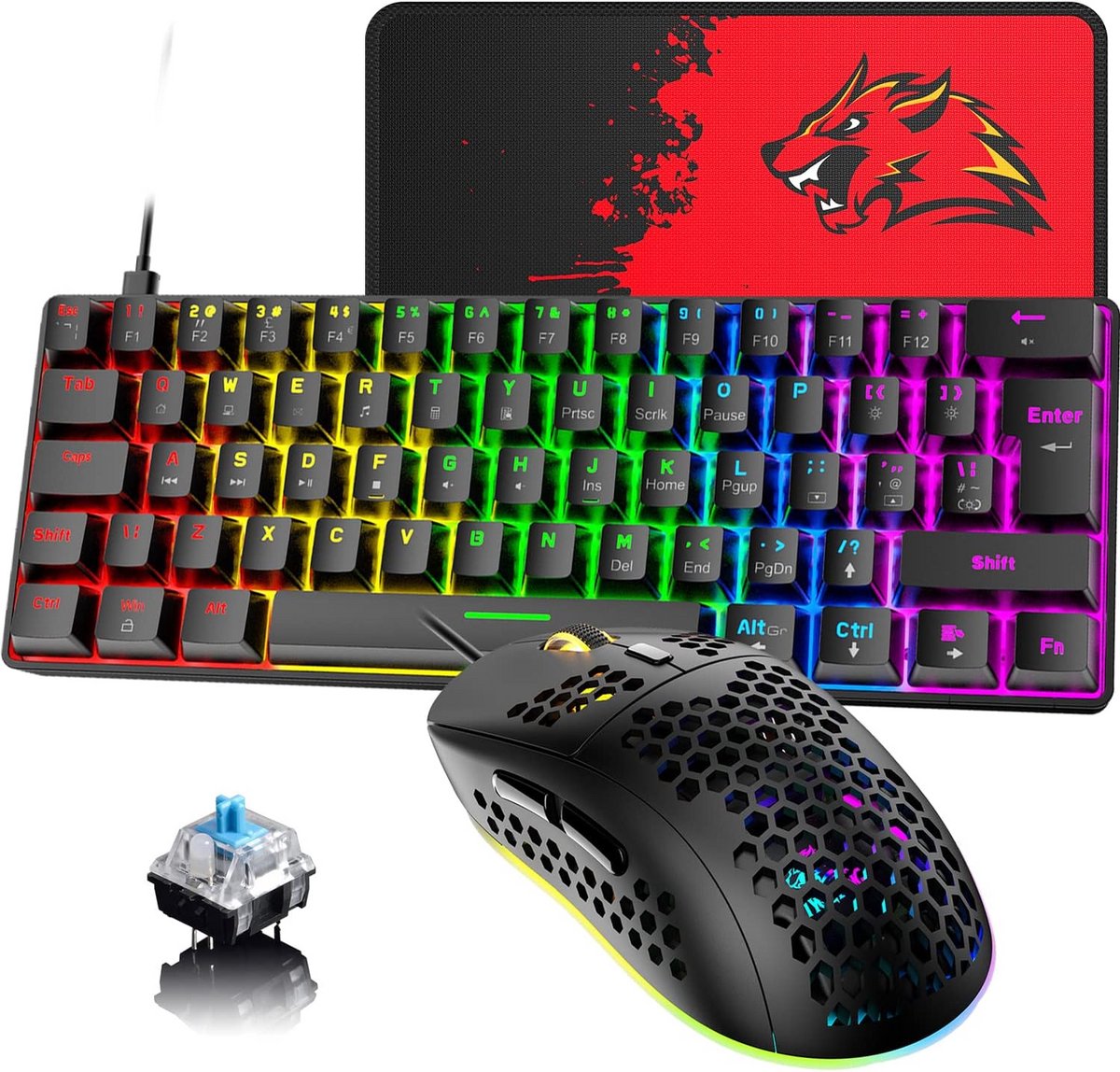 Compact 60% Mechanisch Gaming Toetsenbord (UK Layout) met Bedrade Muis en Bungee