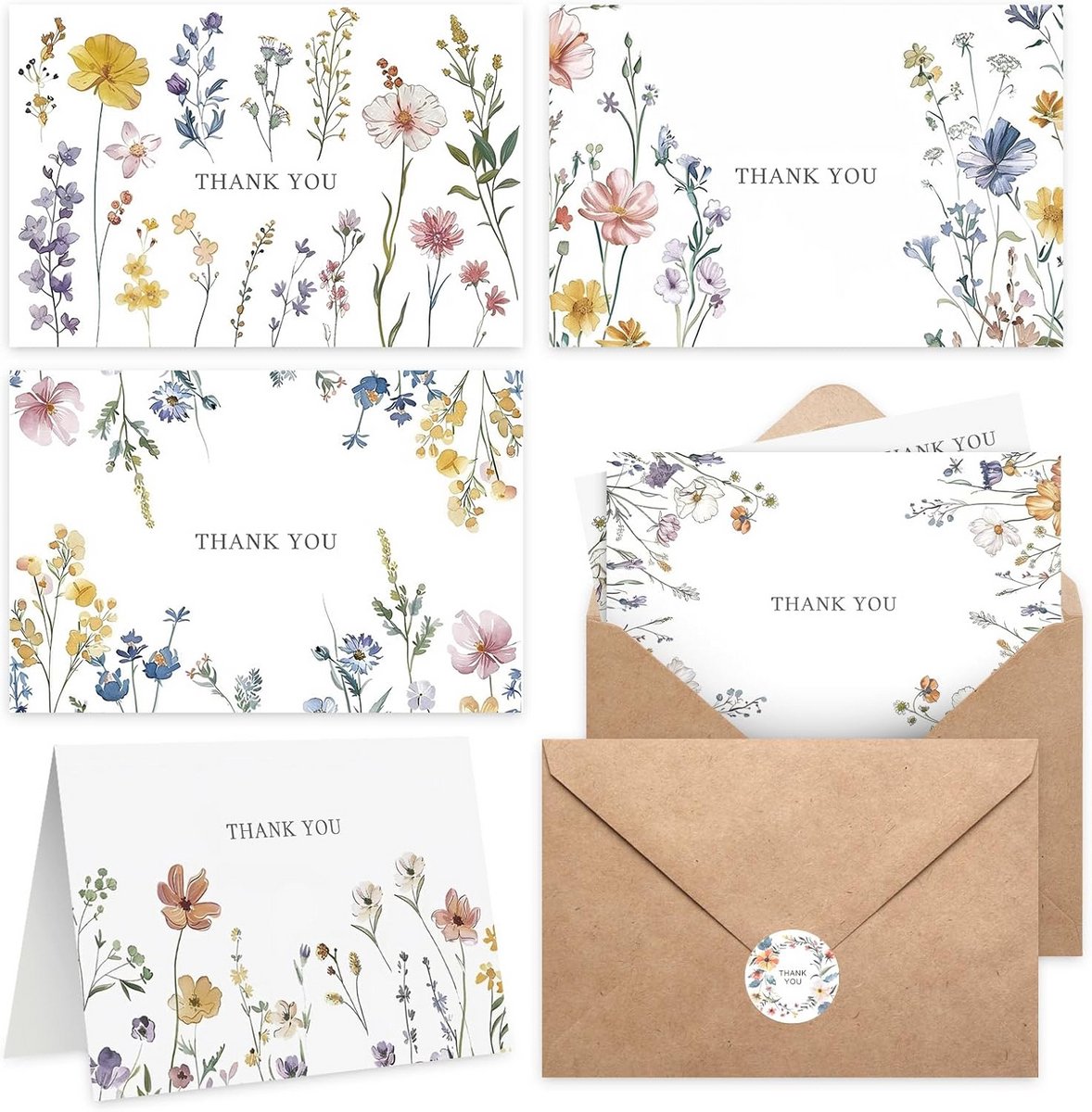 Grote Set van 102 Bedankkaarten met Enveloppen en Stickers - Bloemmotief (10x15 cm) - Voor Bruiloft en Feest