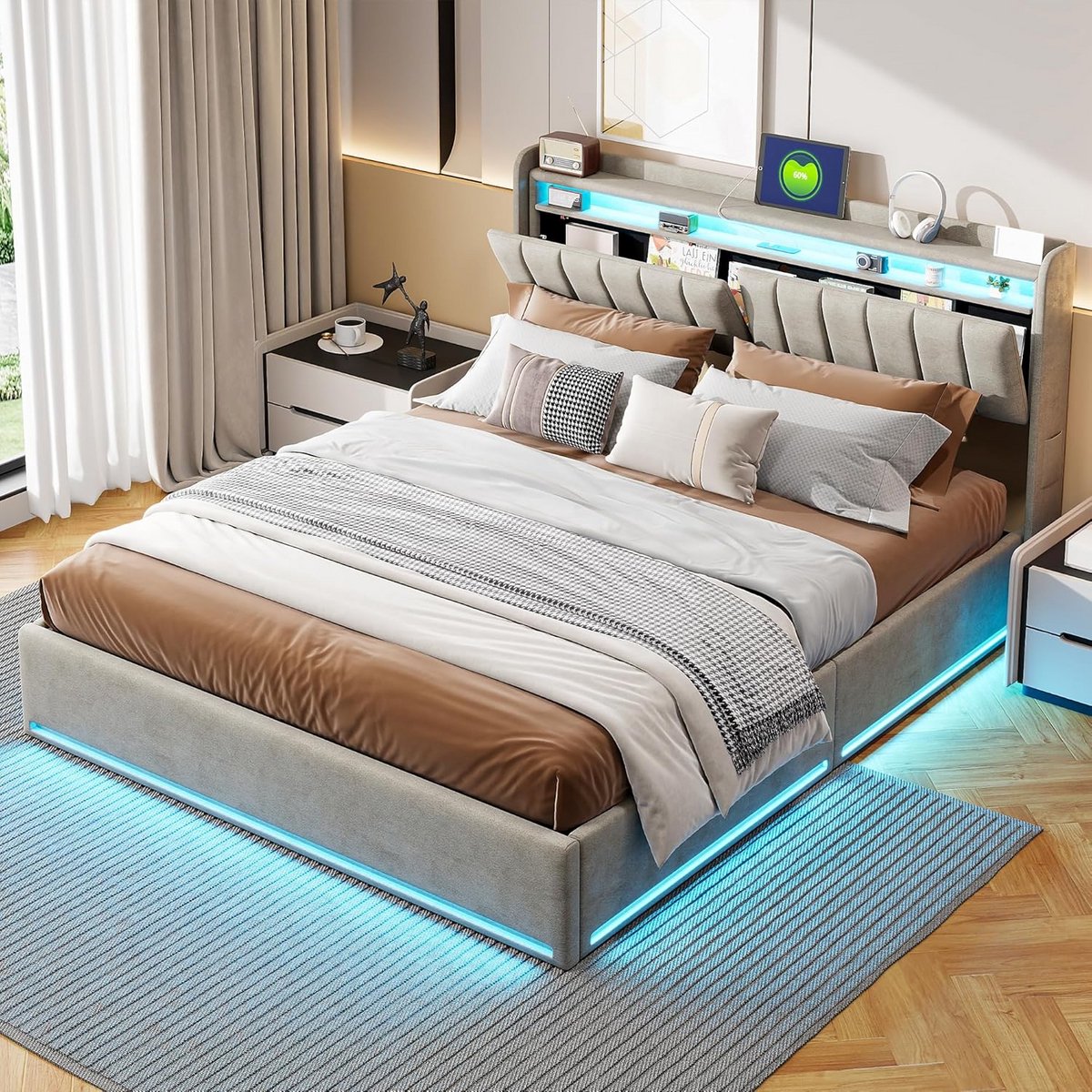 Opbergbed 140 x 200 cm met Lattenbodem en LED Verlichting