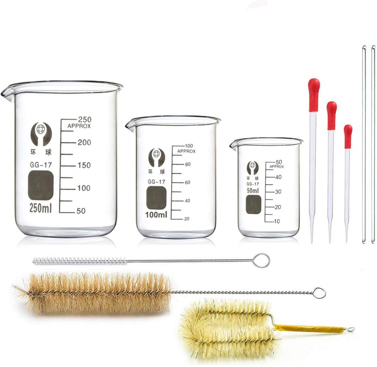 Set Bekerglazen van Borosilicaatglas met Pipetten en Borstels