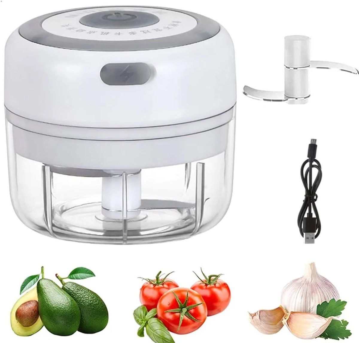 Elektrische knoflookpers, USB-oplader, draagbare knoflookschiller, knoflookhakker, knoflookpers, elektrische knoflookmolen, 100 ml (wit)