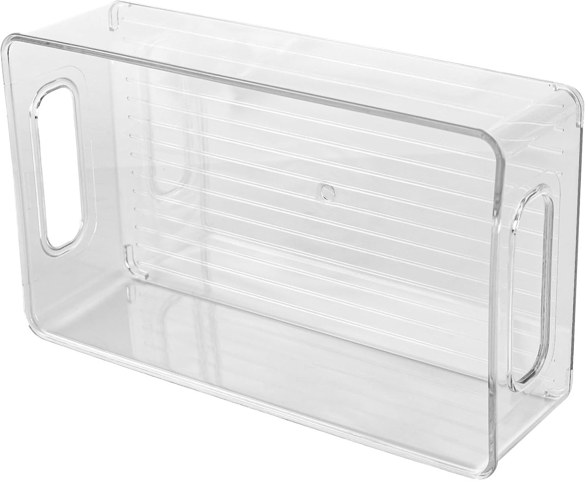 Candala Koelkastorganizer, 3 stuks, stapelbaar, 25,5 x 15 x 7,6 cm, koelkastbox met handvat, transparante opbergdozen voor keukenkast, vriezer, eetkamer, levensmiddelen en groenten
