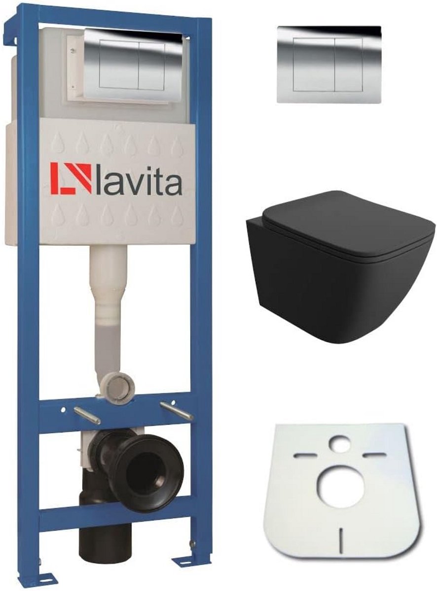 Inbouwreservoir met Wandcloset Zwart & Drukplaat - Compleet Set Inbouwdeel