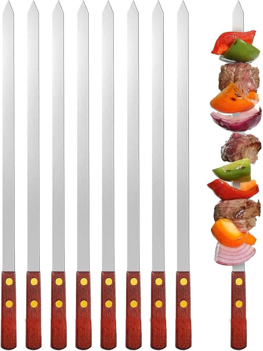 Set van 8 Platte RVS Grillspiesen - Extra Lang (60 cm) voor Barbecue en Shish Kebab