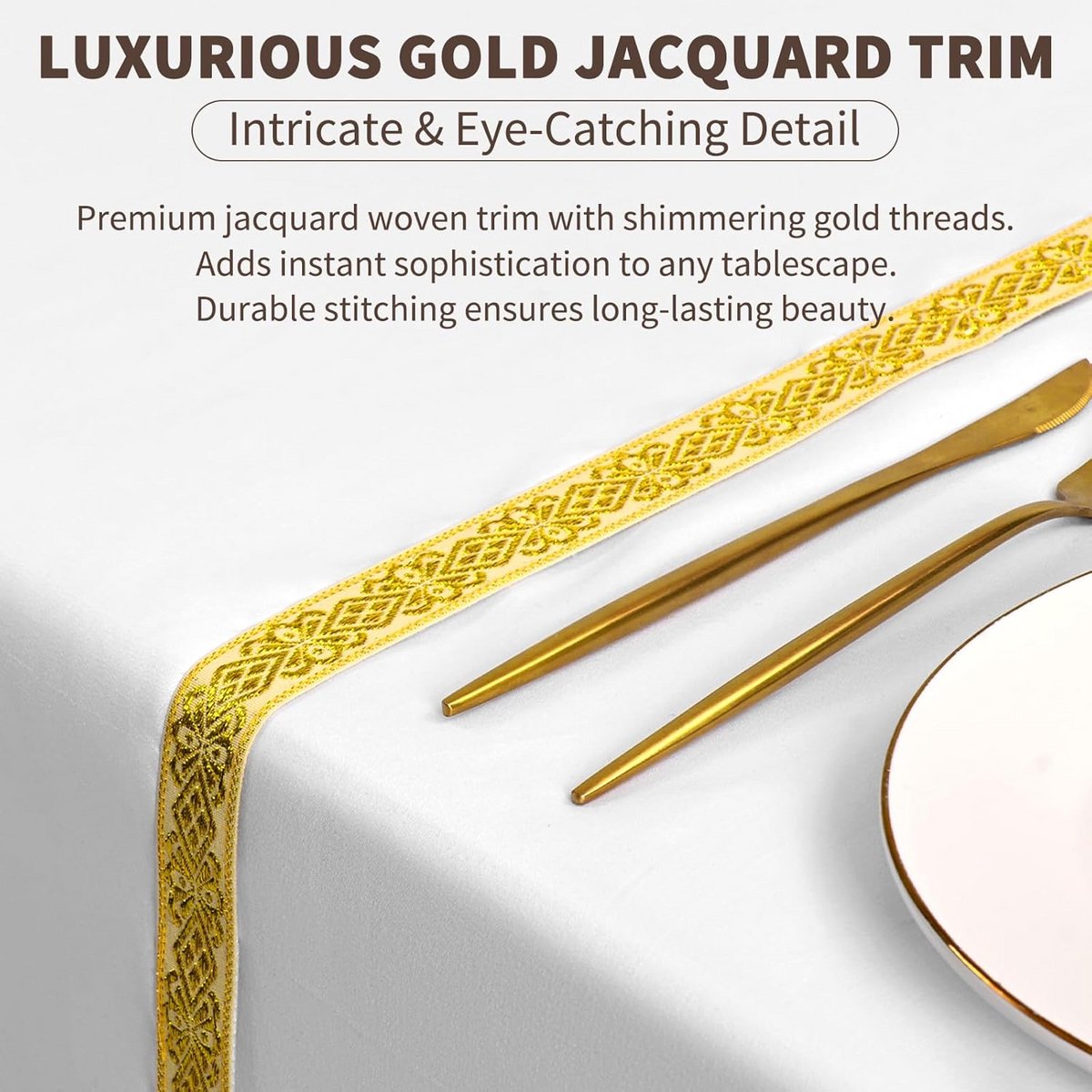 Set van 2 Witte Vierkante Tafelkleden met Gouden Jacquard Rand, 132 x 132 cm