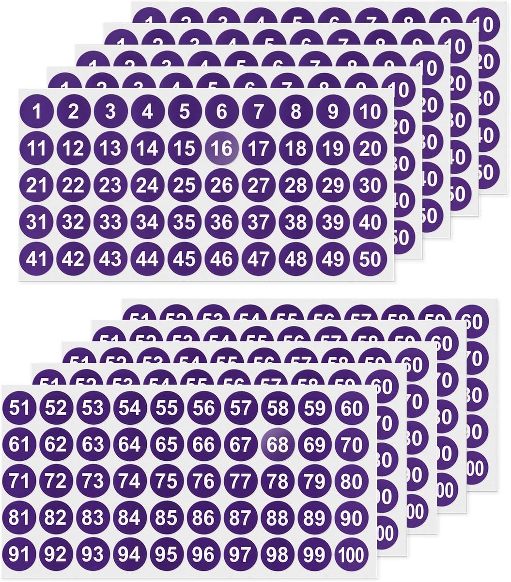 500x Nummerstickers 1-100 Set - Zelfklevend, Waterdicht Vinyl Etiketten in Paars