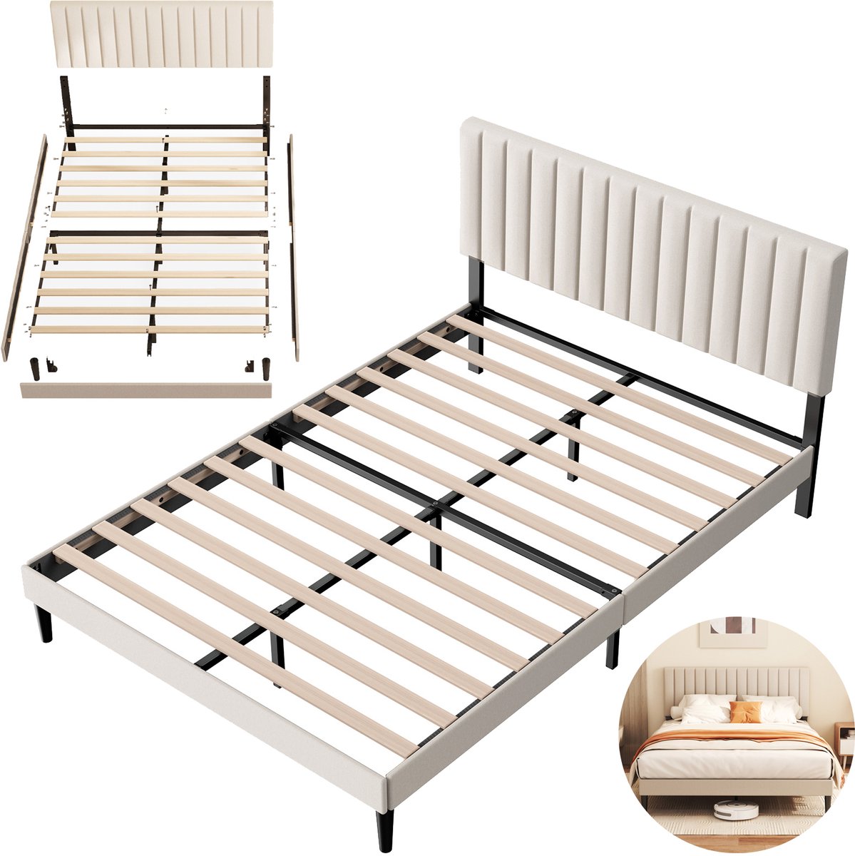 KUTAS Metalen Bedframe - Gestoffeerd bed - 140x190 CM Tweepersoonsbed - Met Hoogte Verstelbaar Hoofdeinde - Met Lattenbodem - Opbergruimte Onder Het Bed -Stevig - Stil - Draagkracht 480 kg - Grijs Beige