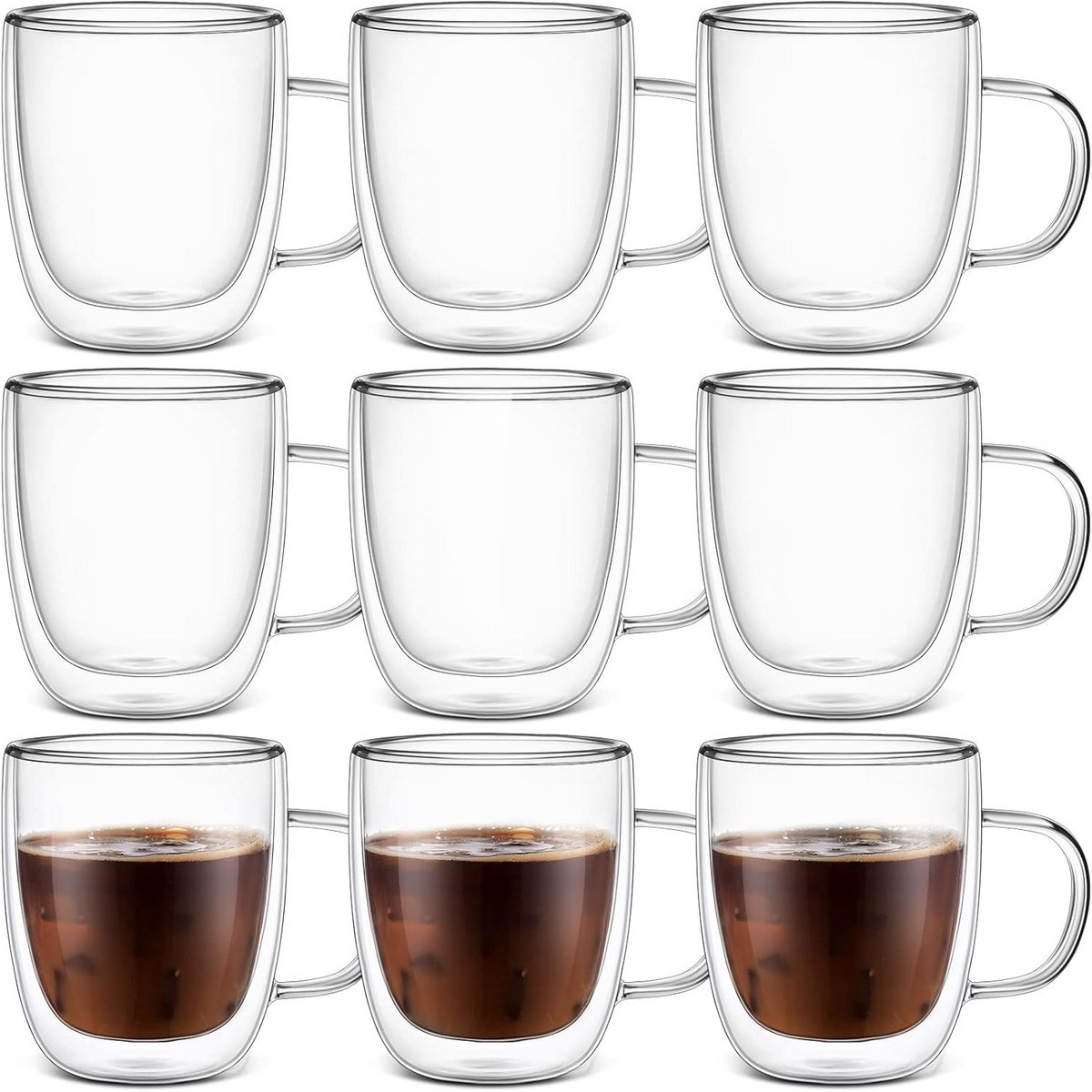 Dubbelwandige Glazen Koffiemokken met Hendel (8 stuks, 350 ml)