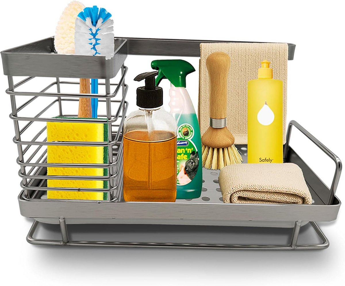 Keuken Organizer voor Spoelbak - Roestvrijstaal Spons- en Borstelhouder met Lekbak