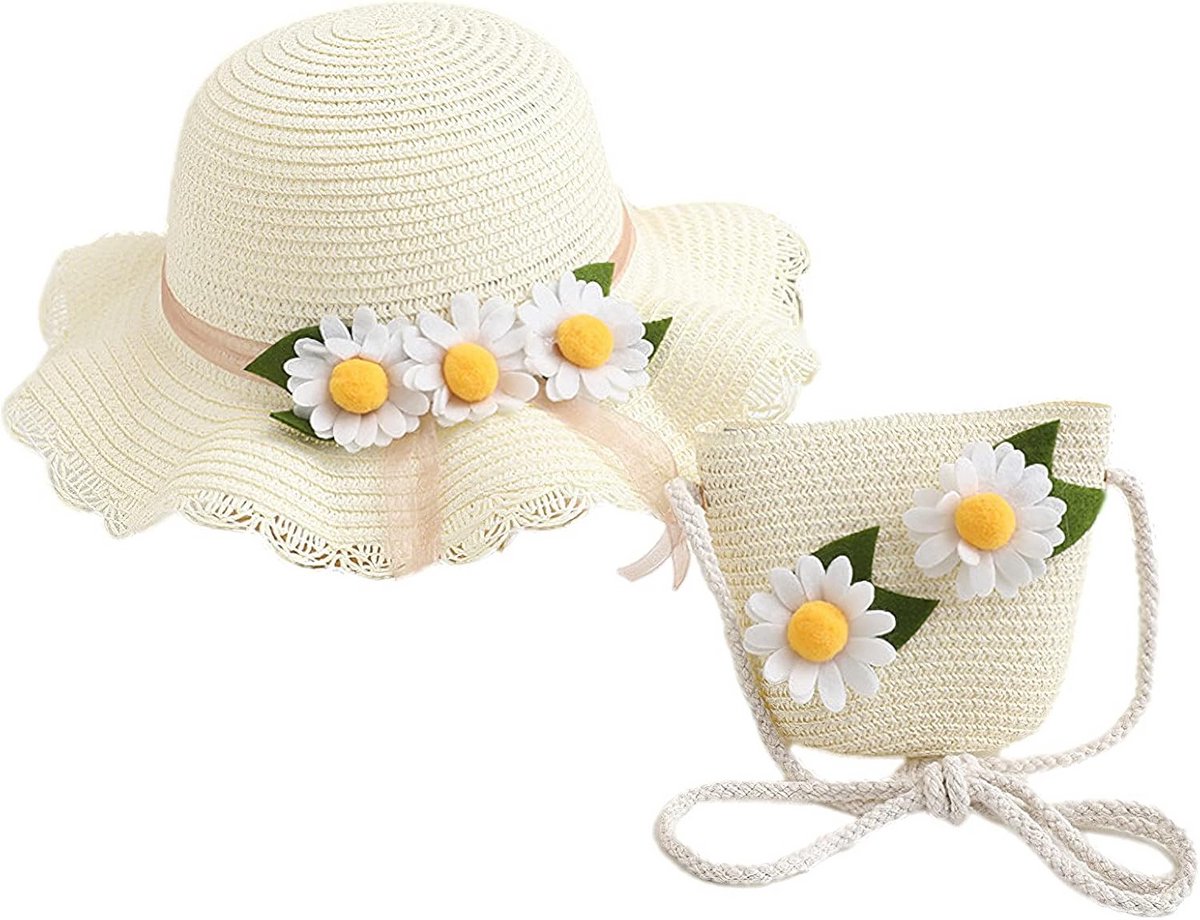 Zomer Strohoed Set voor Meisjes met Bloemdecoratie en Bijpassende Tas