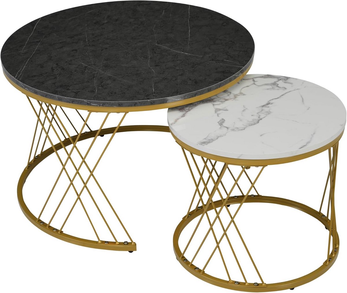 Set van 2 Moderne Ronde Salontafels, Nestelbaar Bijzettafelset met Marmerlook en Gouden Frame
