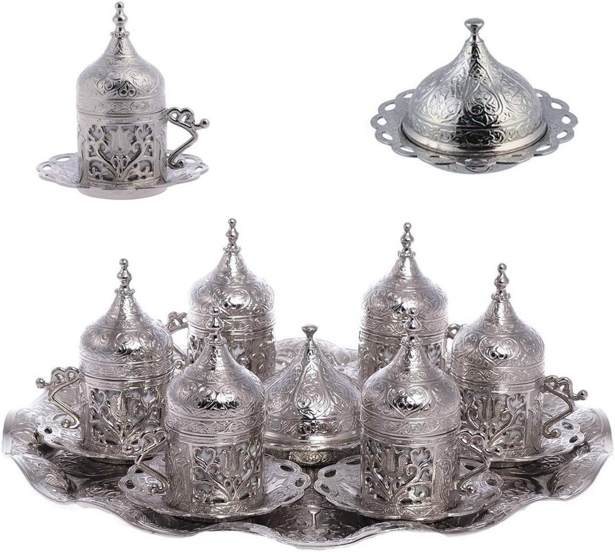 Set van 6 Turkse Espresso Koffiekopjes met Schotel en Deksel - Ottomaanse Stijl