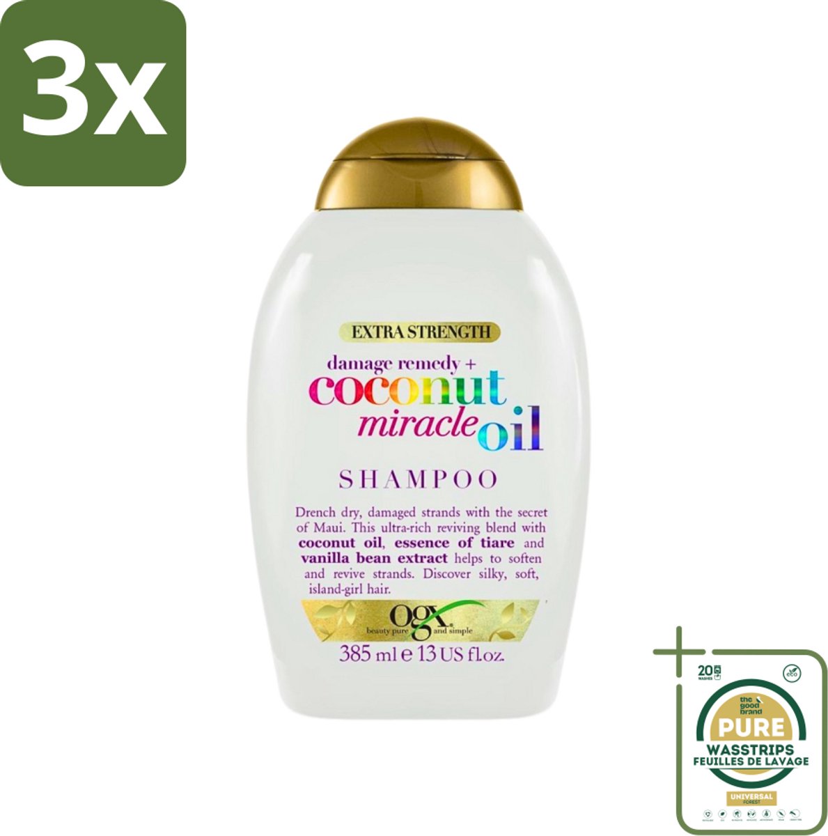 3 x OGX - Coconut Miracle Oil - Shampoo - Voor Droog & Beschadigd Haar - 385 ml - Grootverpakking - Shampoo Voor Droog Haar - Shampoo Voor Beschadigd Haar - Kokosolie Shampoo - Herstel Shampoo - Voedend Shampoo