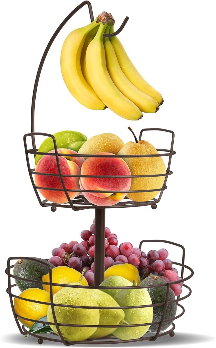 Famanu – Fruitmand 2 lagen met bananenhouder – metalen fruitstandaard voor aanrecht (brons)