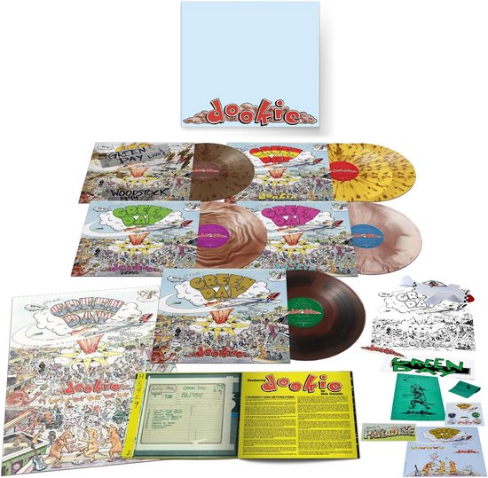 Boxset met zes gekleurde vinylplaten, inclusief Woodstock 1994 en live opnames, met tekeningen van vliegtuigen en menigten.
