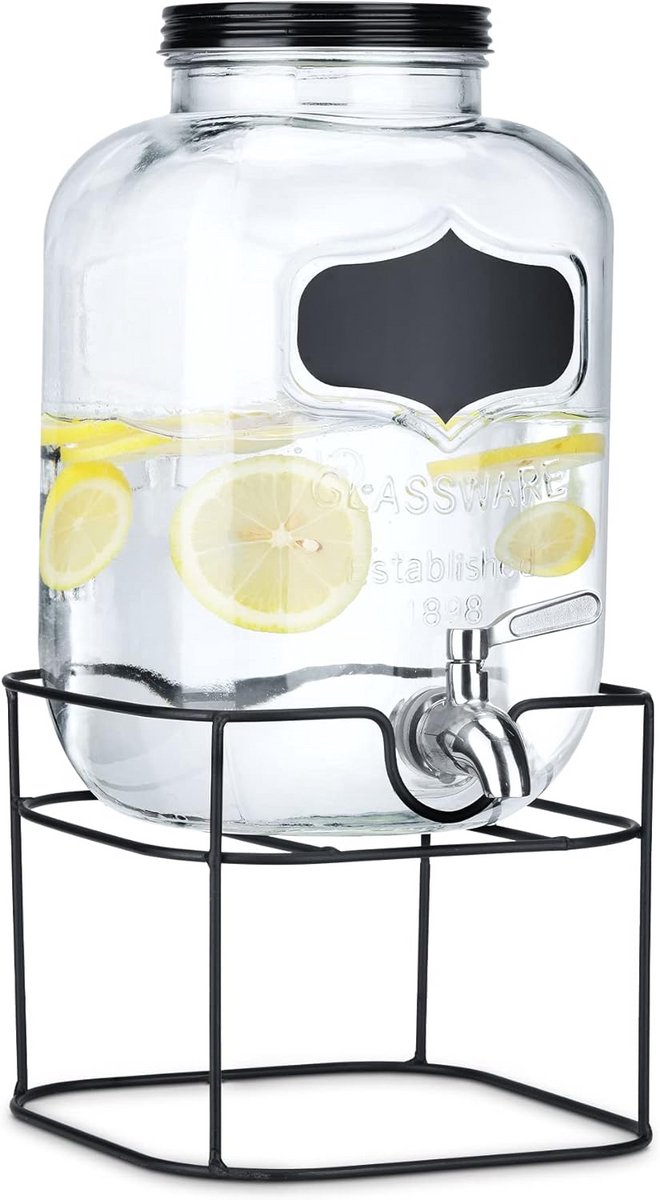 Glazen Drankdispenser 5 Liter met Tap en Metalen Standaard - Sapkan Limonadetap voor Feestjes