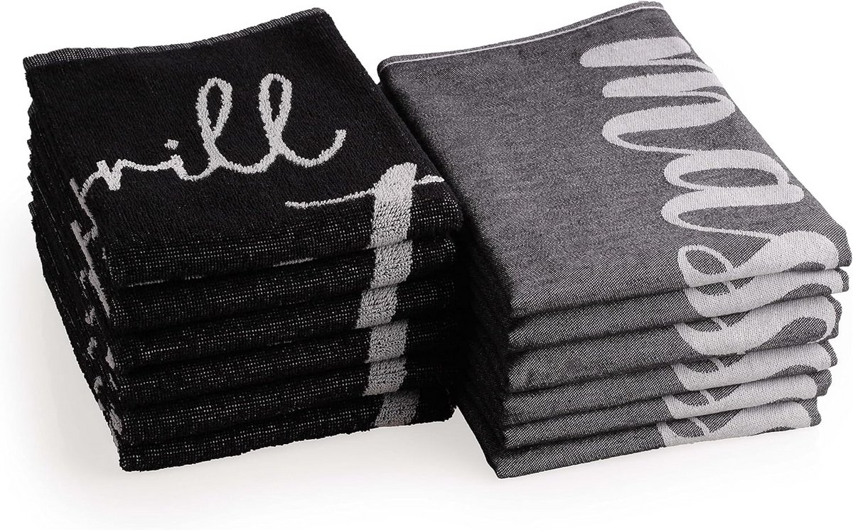 Set van 12 Katoenen Keuken- en Servetten, Absorberend, Zwart