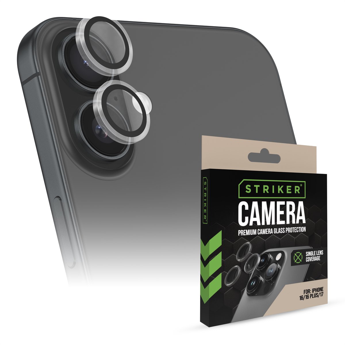 Striker Screenprotector geschikt voor Apple iPhone 16 Plus Glazen | Striker Single Lens Camera Lens Protector - Case Friendly - Zwart