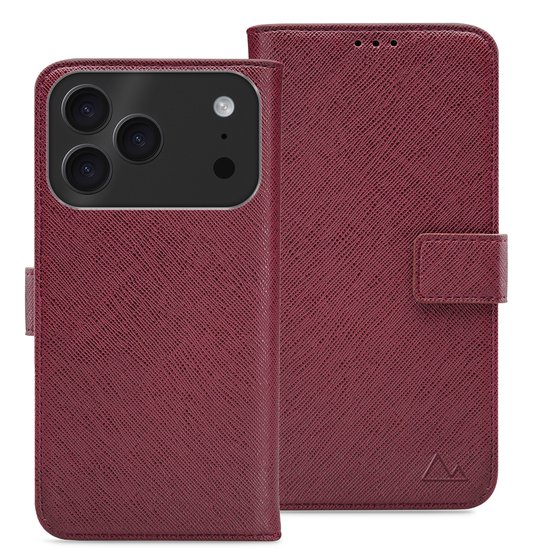 Étui portefeuille bordeaux avec découpe caméra et logo.