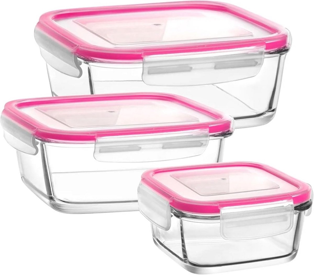 Set van 3 Glazen Vershouddozen met Gekleurde Deksel (3 Maten)