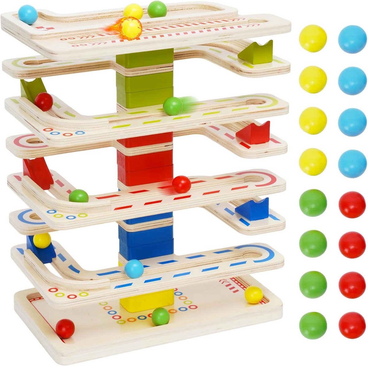 Houten Bal Baan Spel met 16 Knikkers en Racebaan - Educatief Montessori Speelgoed
