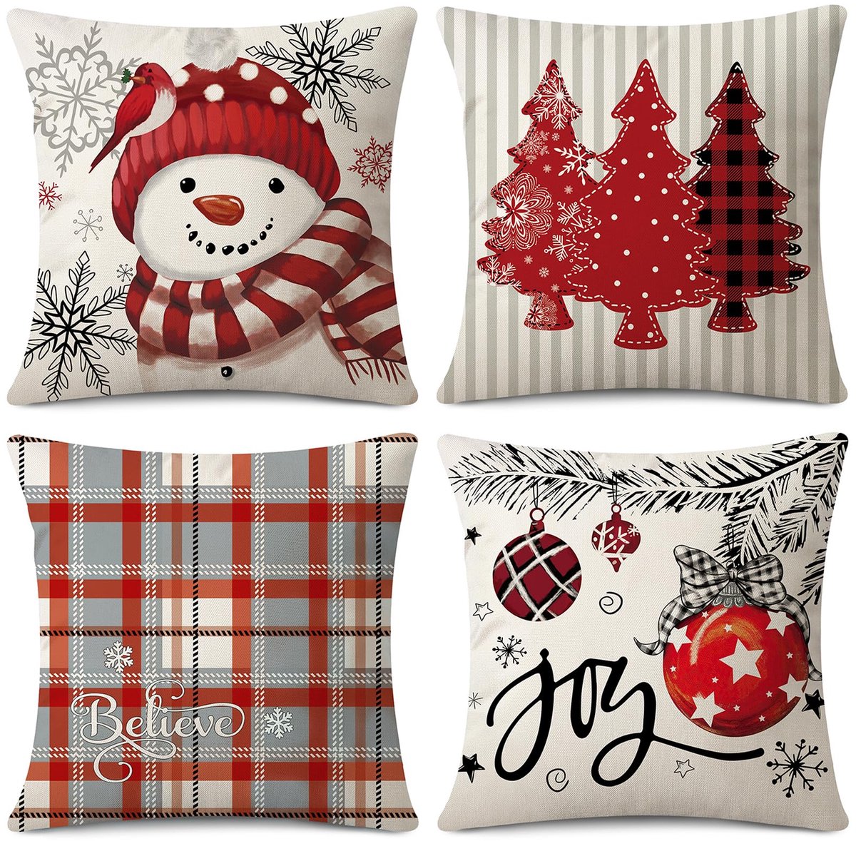 Unyqoos Set van 4 decoratieve kerst kussenhoezen van linnenstof voor woonkamer rood