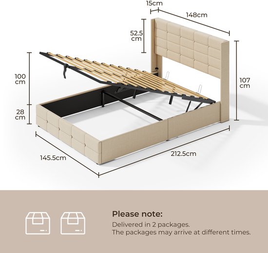 Bealife BF84 Tweepersoonsbed - 200x140 cm - Hydraulisch opbergbed met lattenbodem - Bedframe voor volwassenen en tieners - Zonder matras - Beige