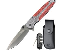 AdroitGoods RVS zakmes damast-look met Vezelcomposiet inleg – incl. hoes & slijptool - Premium opvouwbaar outdoor-mes – 19 cm totaal, 9 cm roestvast stalen lemmet - Vezelcomposiet handgreep met damast-stijl afwerking