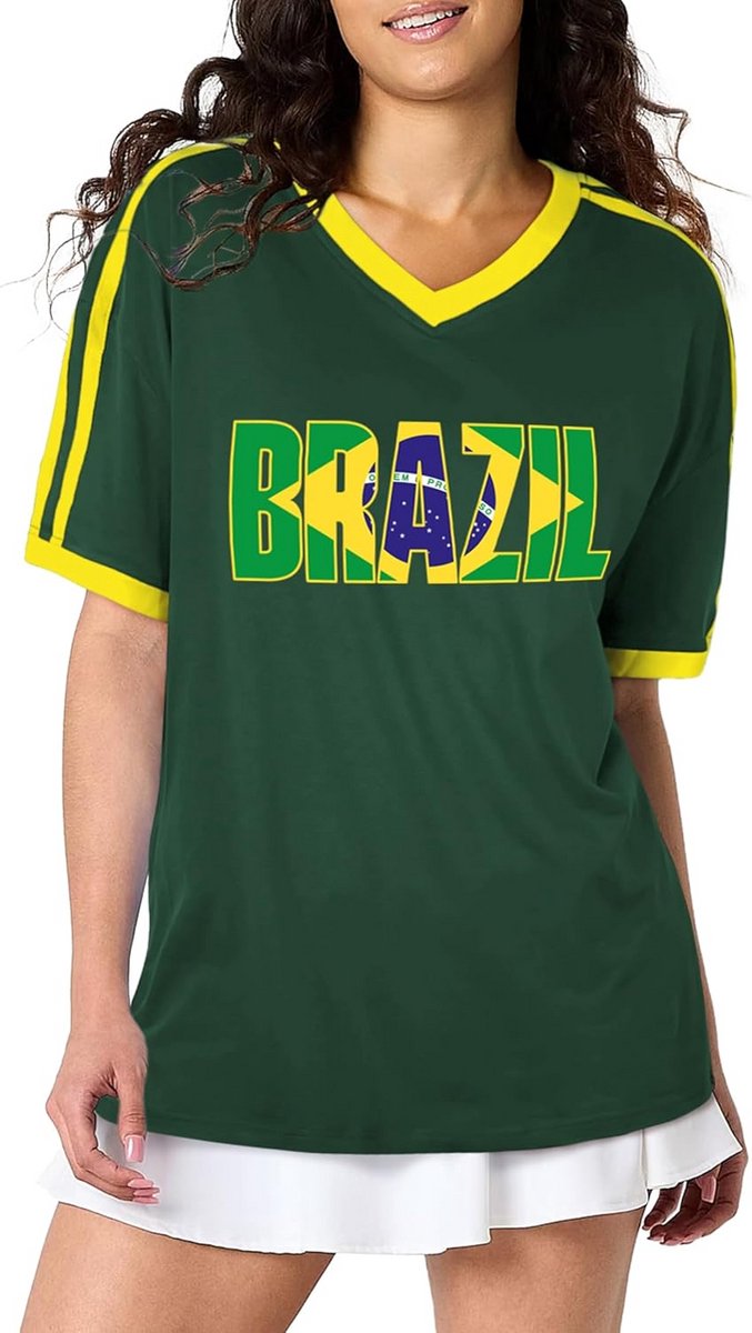 Dames T-shirt met V-hals en Braziliaanse Sportieve Stijl Korte Mouwen