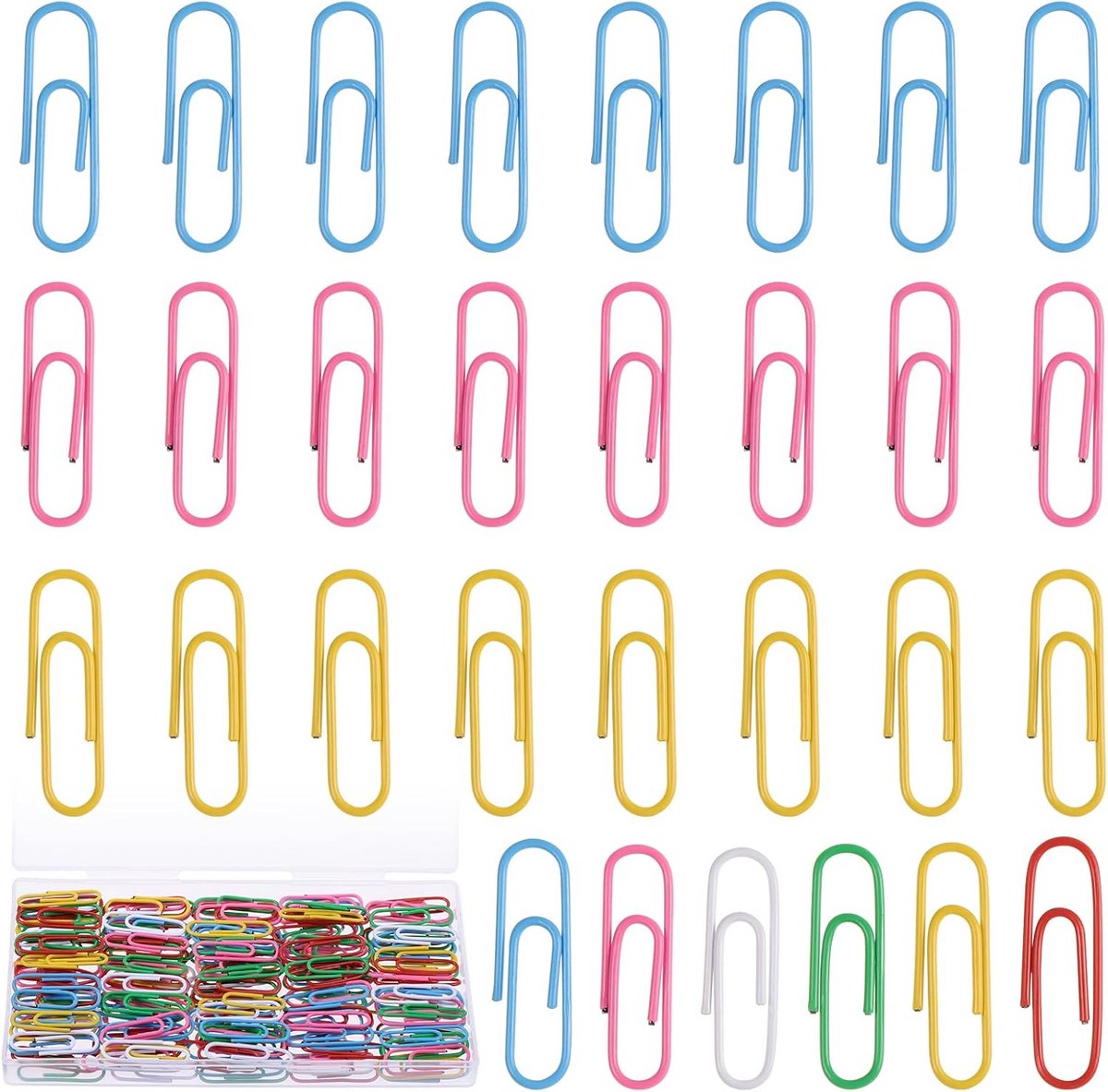 Grote set kleurrijke metalen paperclips met bewaardoos voor kantoor en school
