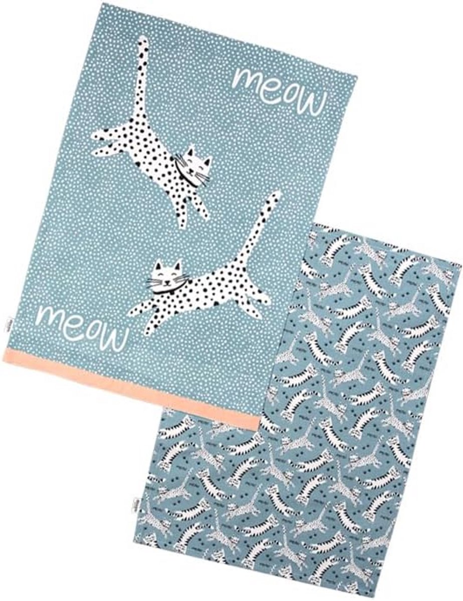 Set van 2 Gerecyclede Katoen Theedoeken met Kattenprint - Blauw